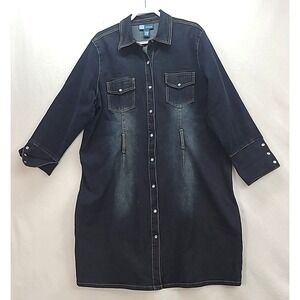 Womens Long Pearl Snap Denim Duster  Dress Coat Western Cowgirl Sz 22 24 No Belt